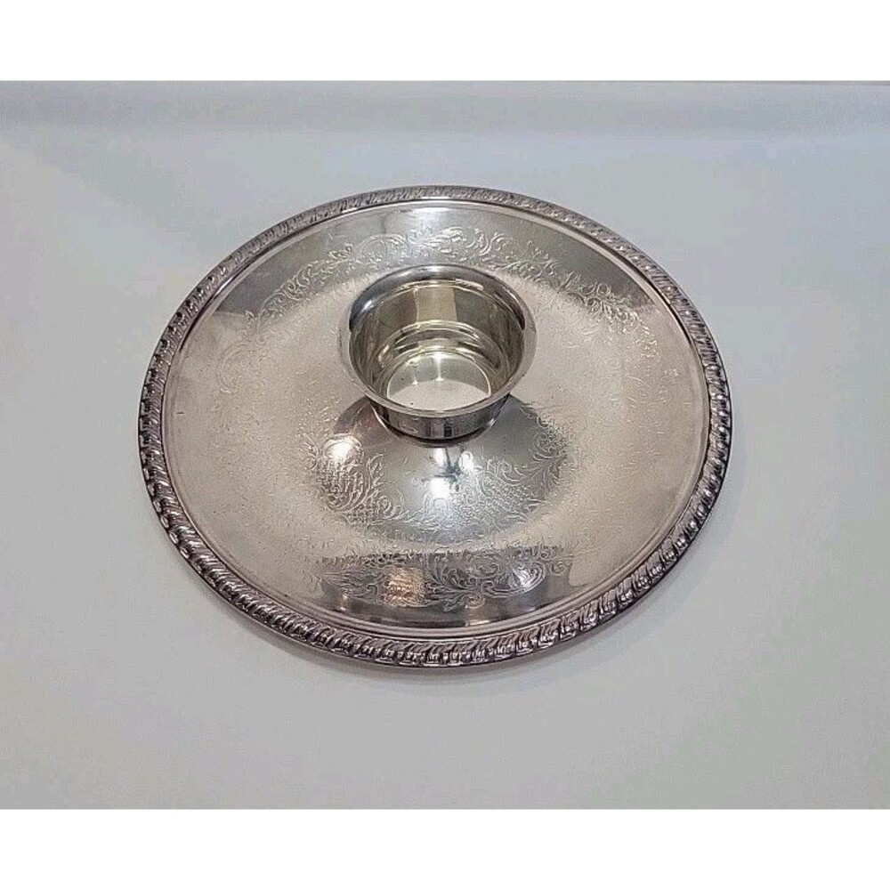 Vintage Silverplate Chip and Dip Set 12" Etched Serving Platter 4" Separate Cup